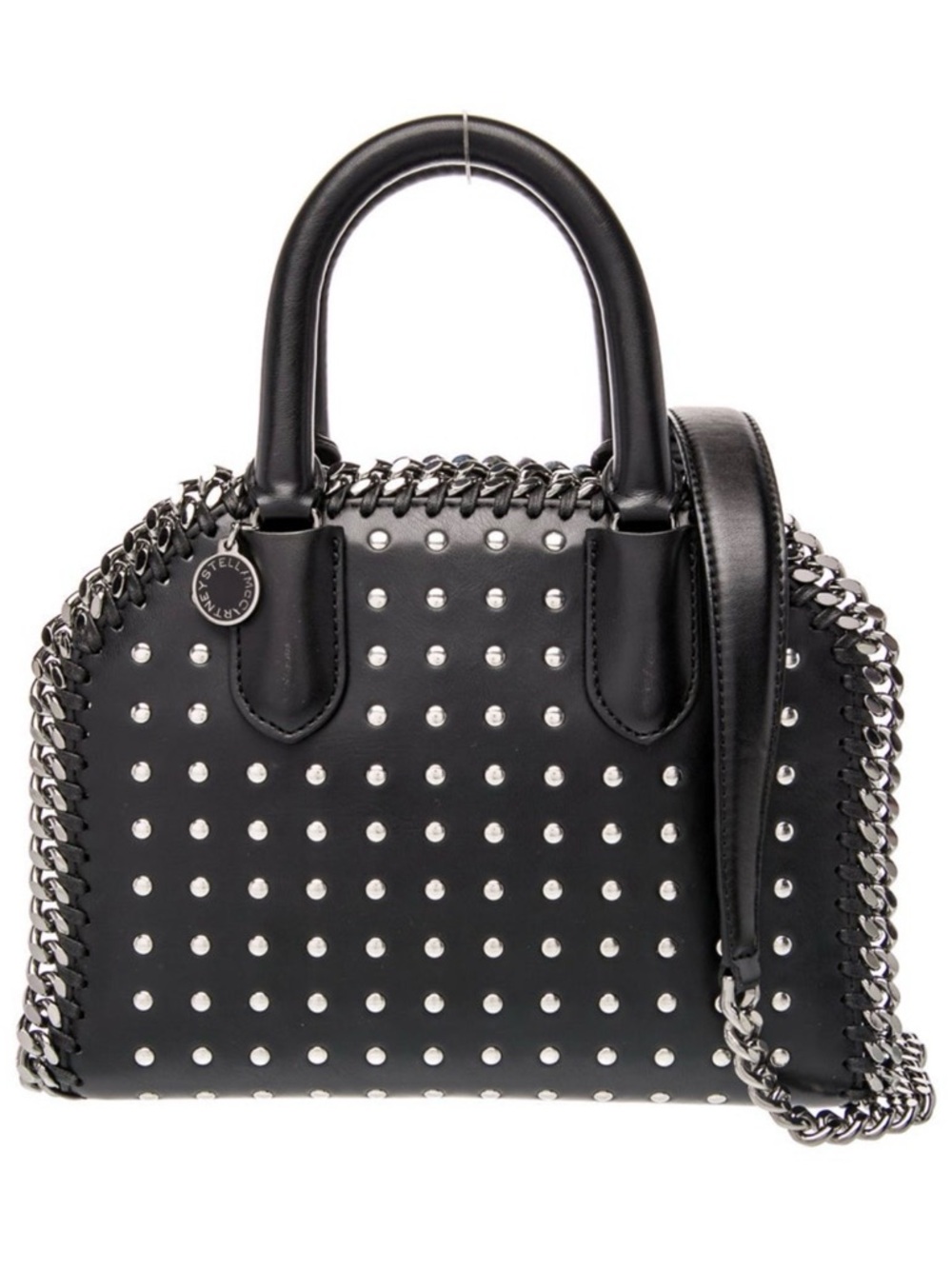 Stella McCartney Vegan Leather Black Studded Dome Satchel w/Silver Chain Trim